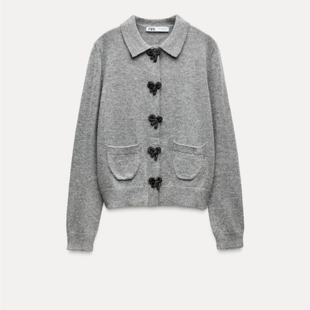 ZARA BOW-SHAPED BUTTON KNIT CARDIGAN